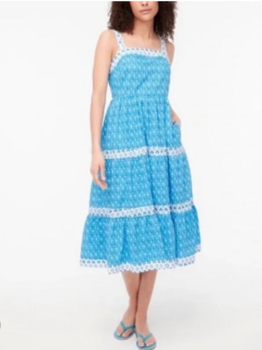 J. Crew Block-print Squareneck Smocked Floral Tiered Midi Dress Size 6 - Picture 2 of 11